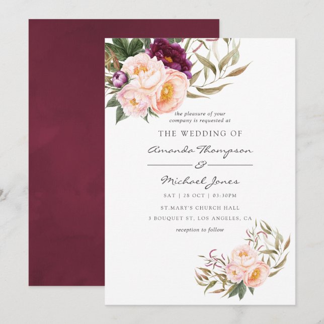 Burgundy - Marsala and Peach Floral Wedding Invite (Front/Back)