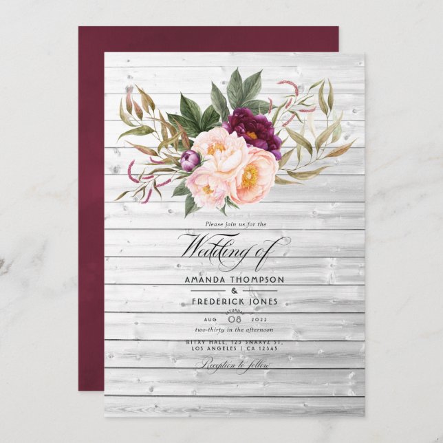 Burgundy - Marsala and Peach Rustic Floral Wedding Invitation (Front/Back)
