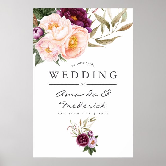 Burgundy - Marsala and Peach Wedding Welcome Poster (Front)