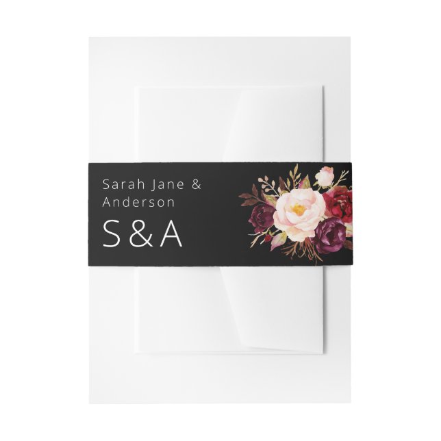 Burgundy Marsala and Pink Floral - Black Invitation Belly Band (Front Example)