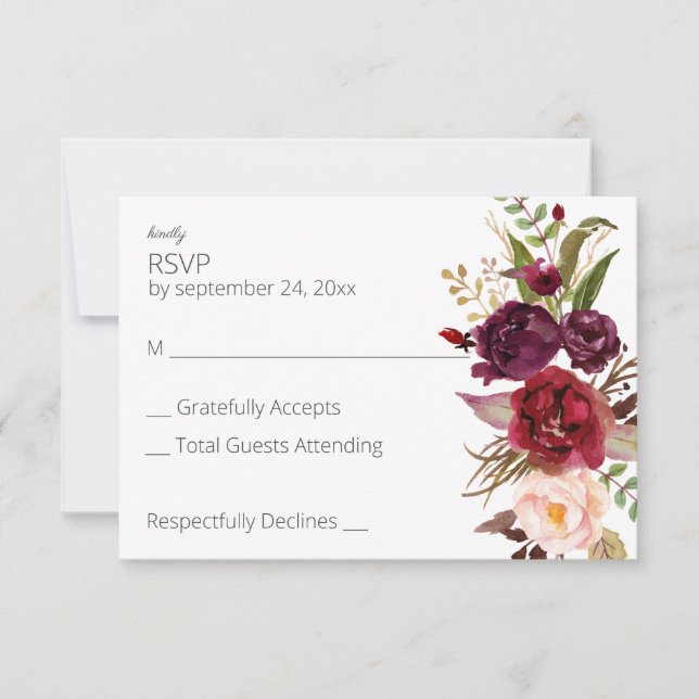 Burgundy Marsala and Pink Floral no Meal - Pink RSVP Card (Front)