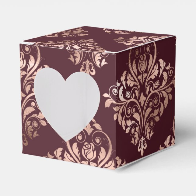 Burgundy - Marsala and Rose Gold Damask Wedding Favour Box (Front Side)