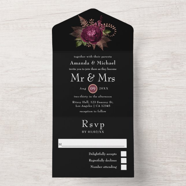 Burgundy - Marsala and Rose Gold Floral Wedding Al All In One Invitation (Inside)