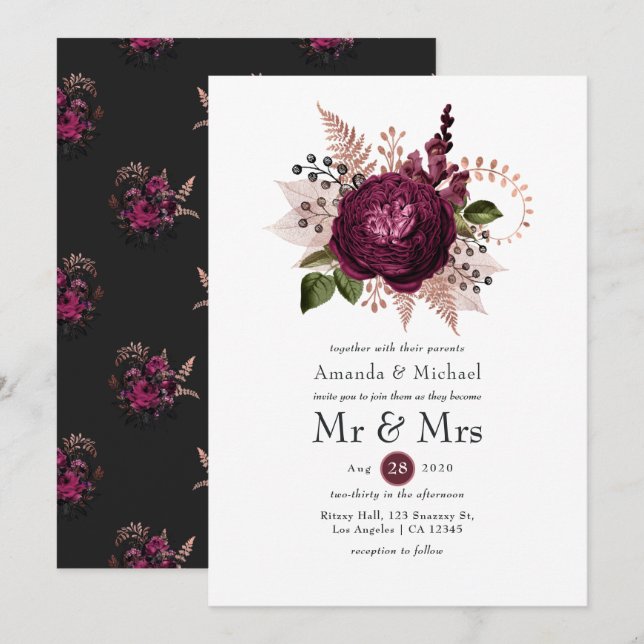 Burgundy - Marsala and Rose Gold Floral Wedding Invitation (Front/Back)