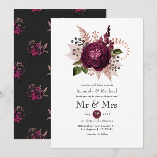 Burgundy - Marsala and Rose Gold Floral Wedding Invitation