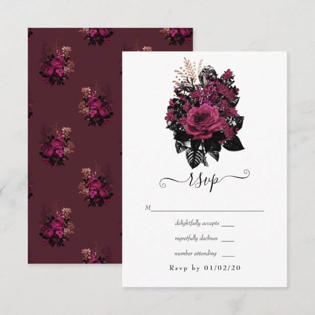 Burgundy - Marsala and Rose Gold Floral Wedding RSVP Card (Front/Back)