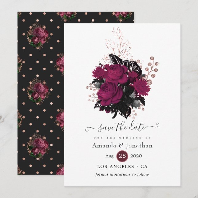 Burgundy - Marsala and Rose Gold Floral Wedding Save The Date (Front/Back)