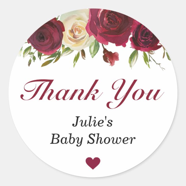 Burgundy Marsala Baby Shower Sprinkle Thank You Classic Round Sticker (Front)