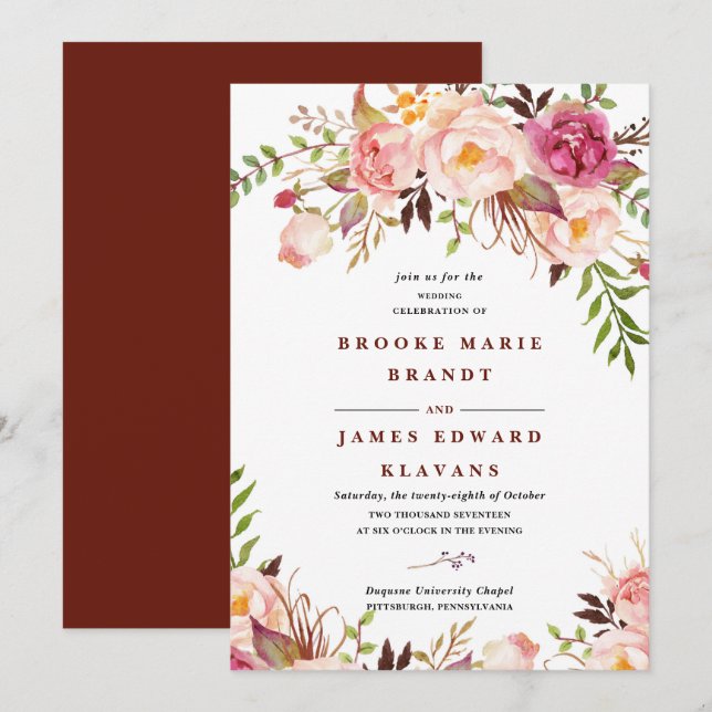 burgundy Marsala Blush Boho Wedding Invitation (Front/Back)