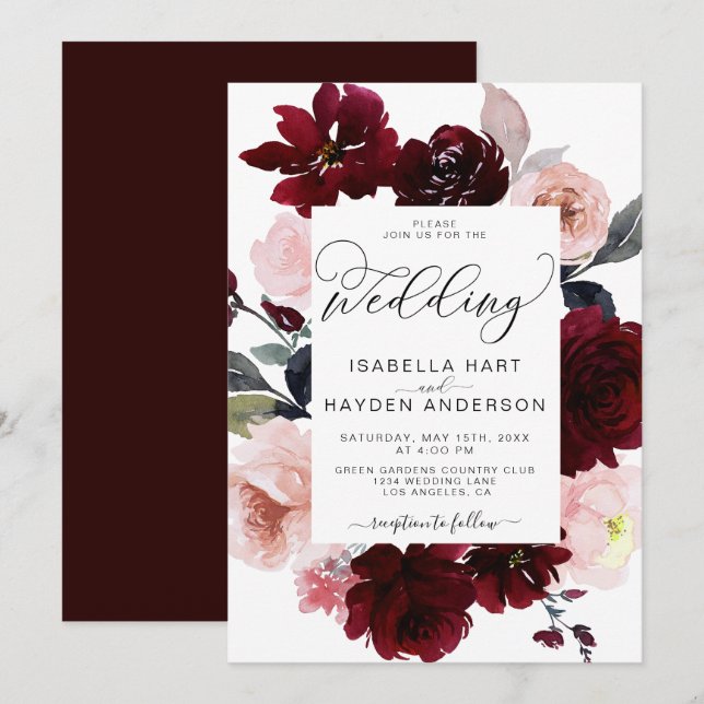 Burgundy Marsala Blush Dusty Pink Floral Wedding Invitation (Front/Back)