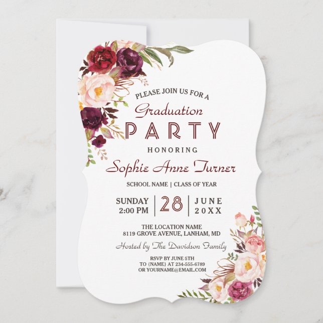 Burgundy Marsala Blush Floral Graduation Party Invitation (Front)