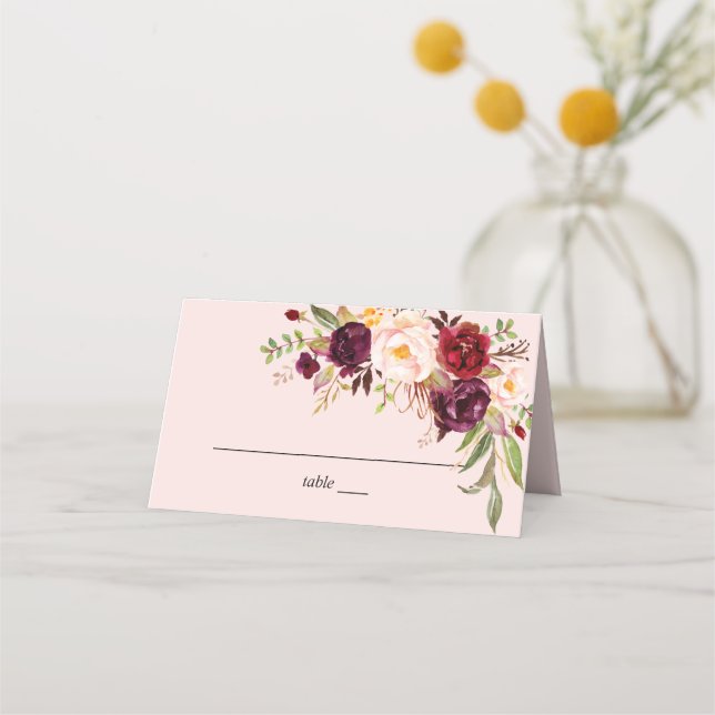 Burgundy Marsala & Blush Floral - Pink Place Card (Front)