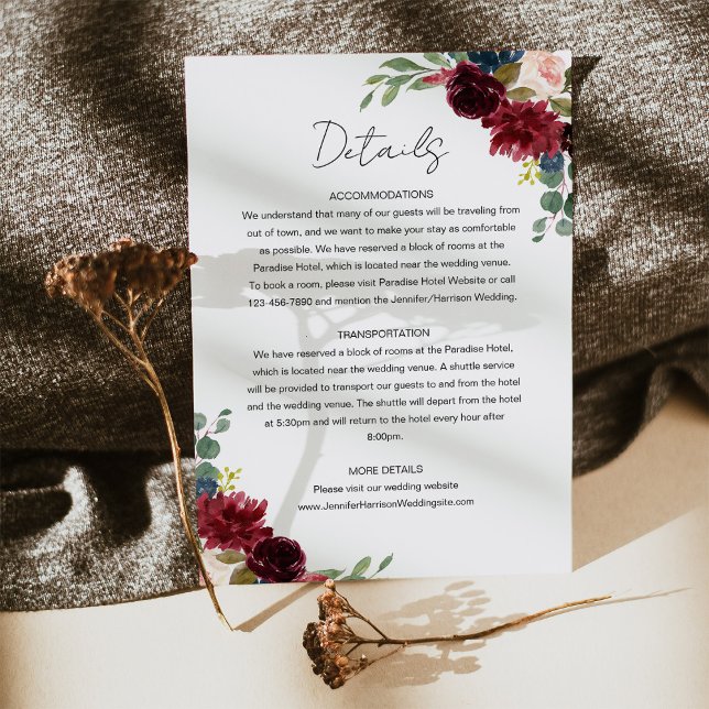 Burgundy Marsala & Blush Floral Wedding Details Enclosure Card (Burgundy Marsala & Blush Pink Floral Wedding Details Card)