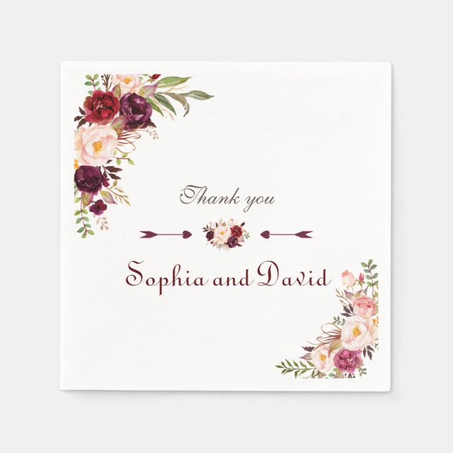 Burgundy Marsala Blush Floral Wedding Napkin (Front)
