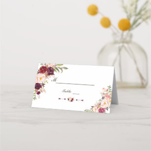 Burgundy Marsala Blush Floral Wedding Table Number Place Card