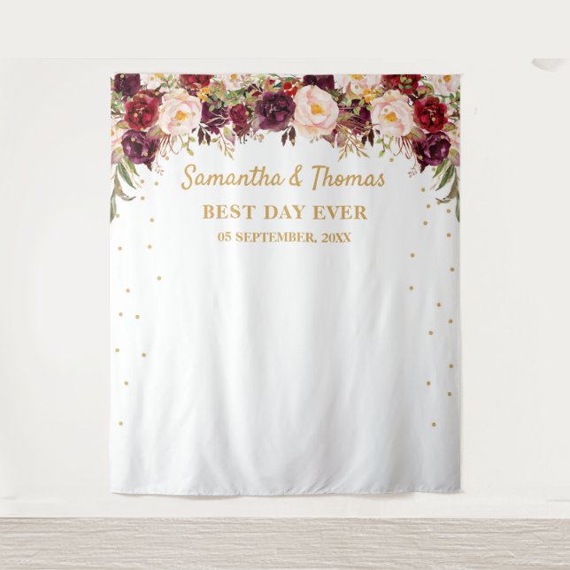 Burgundy marsala blush gold wedding backdrop tapestry (Front)