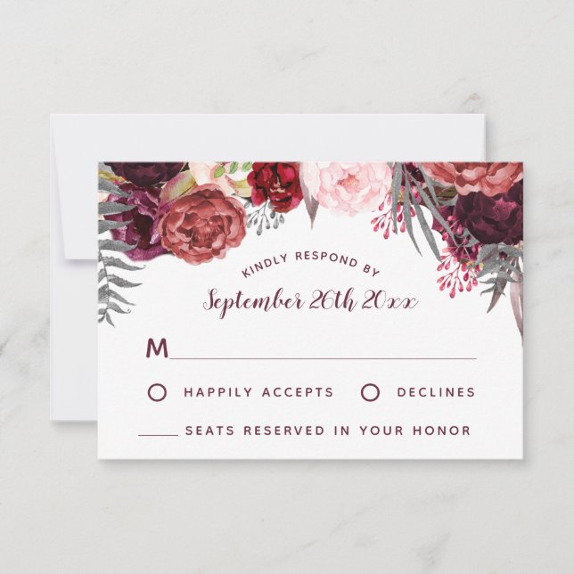 Burgundy Marsala Blush Peony Wedding RSVP Cards (Front)