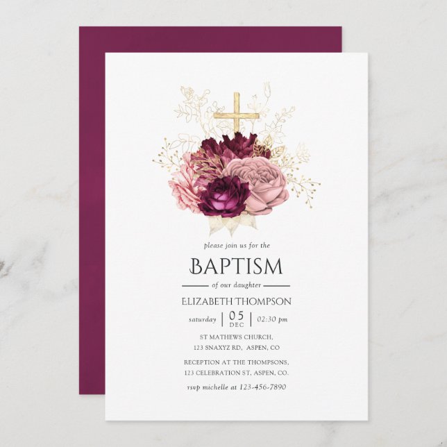 Burgundy Marsala Blush Pink and Gold Baptism Invitation (Front/Back)