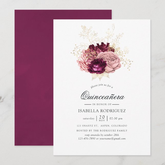 Burgundy - Marsala Blush Pink and Gold Quinceañera Invitation (Front/Back)