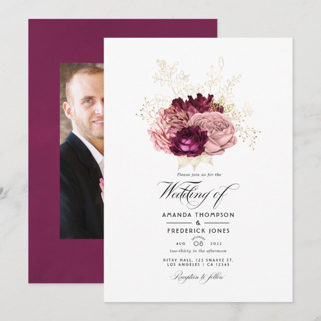 Burgundy - Marsala Blush Pink and Gold Wedding Invitation (Front/Back)