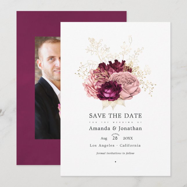 Burgundy - Marsala Blush Pink and Gold Wedding Save The Date (Front/Back)