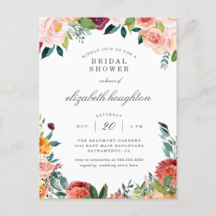 Burgundy Marsala Blush Pink Floral Bridal Shower Invitation Postcard