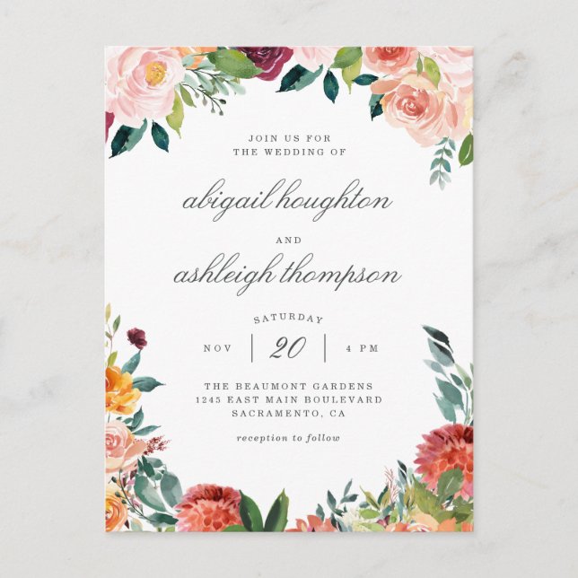 Burgundy Marsala Blush Pink Floral Wedding Invitation Postcard (Front)