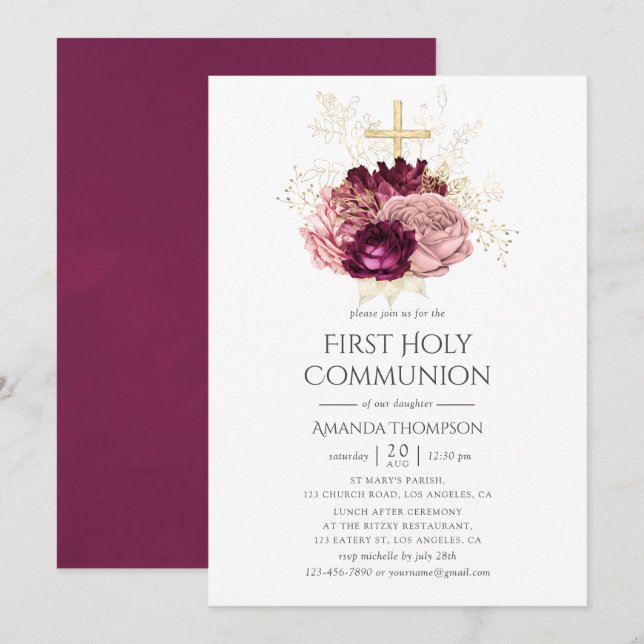 Burgundy Marsala Blush Pink & Gold Holy Communion Invitation (Front/Back)