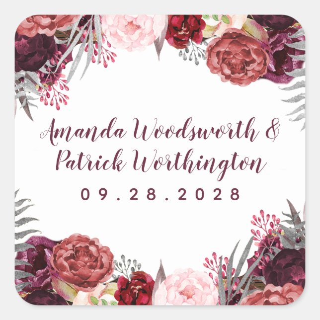 Burgundy Marsala Blush Pink Peony Wedding Favour Square Sticker (Front)
