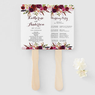 Burgundy Marsala Bohemian Floral Wedding Program Hand Fan
