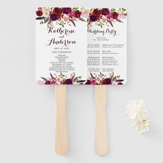 Burgundy Marsala Bohemian Floral Wedding Program Hand Fan (Front and Back)