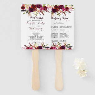 Burgundy Marsala Bohemian Floral Wedding Program Hand Fan