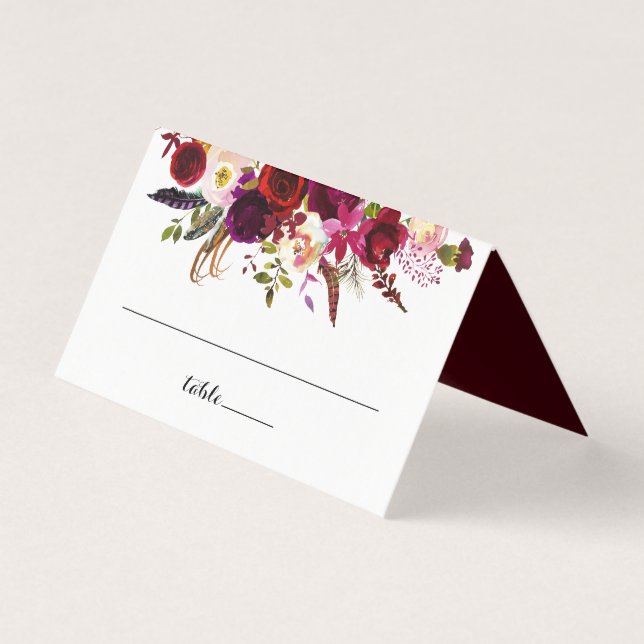 Burgundy Marsala Bohemian Wedding Table Place Card (Front)