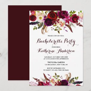 Burgundy Marsala Boho Floral Bachelorette Party Invitation