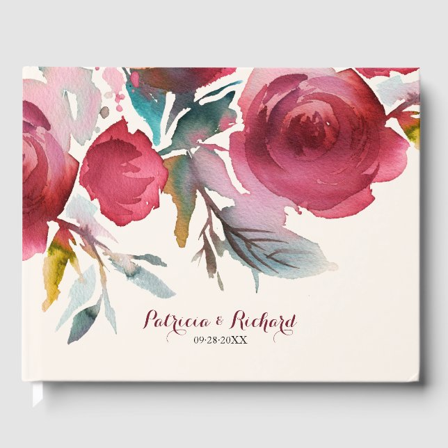 Burgundy Marsala Boho Floral Romantic Wedding Guest Book (Front)
