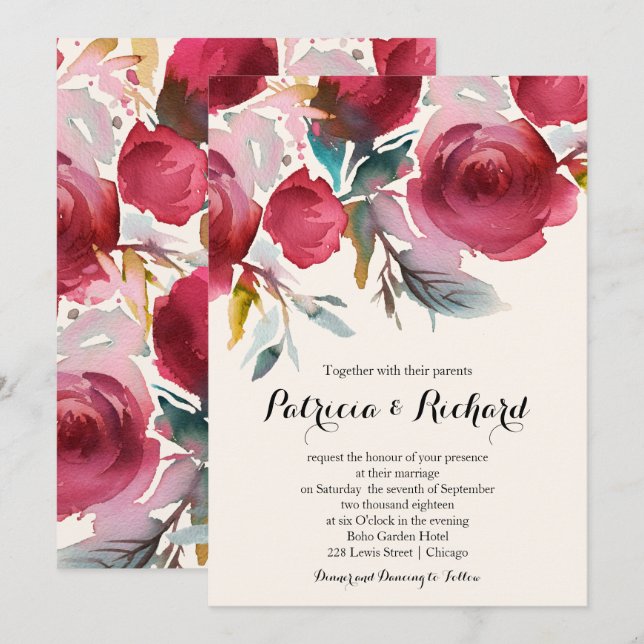 Burgundy Marsala Boho Floral Wedding Invitation (Front/Back)