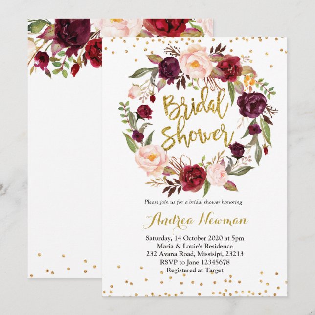 burgundy marsala bridal shower invitation (Front/Back)