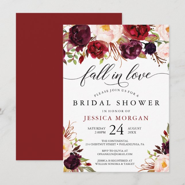 Burgundy Marsala Bridal Shower Invite Fall In Love (Front/Back)