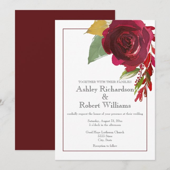 Burgundy Marsala Deep Red Rose Wedding Invitation (Front/Back)