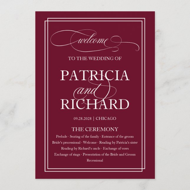 Burgundy Marsala Elegant Wedding Ceremony Program Programme (Front)