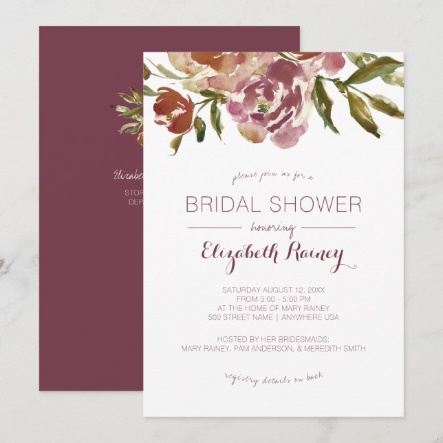 Burgundy Marsala Fall Floral Bridal Shower Invitation (Front/Back)