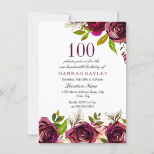 Burgundy Marsala Floral 100th Birthday Invite