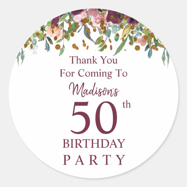 Burgundy Marsala Floral 50th Birthday Thank you Classic Round Sticker (Front)