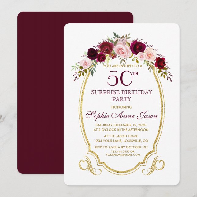 Burgundy Marsala Floral 50th Surprize Birthday Invitation (Front/Back)