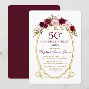 Burgundy Marsala Floral 50th Surprize Birthday Invitation