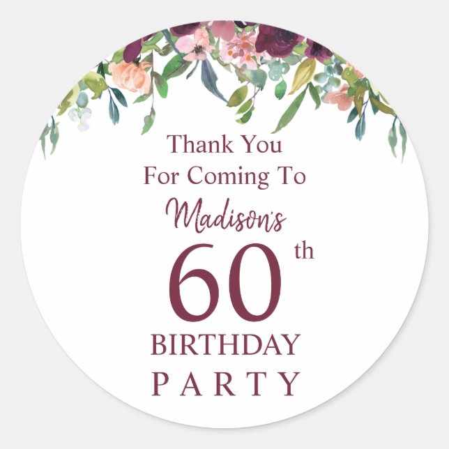 Burgundy Marsala Floral 60th Birthday Thank you Classic Round Sticker (Front)