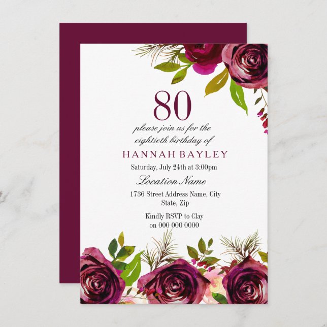 Burgundy Marsala Floral 80th Birthday Invite (Front/Back)