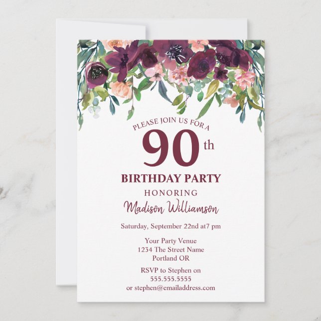 Burgundy Marsala Floral 90th Birthday Party Invitation (Front)
