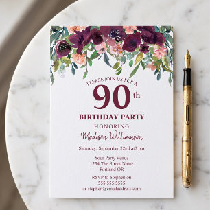 Burgundy Marsala Floral 90th Birthday Party Invitation