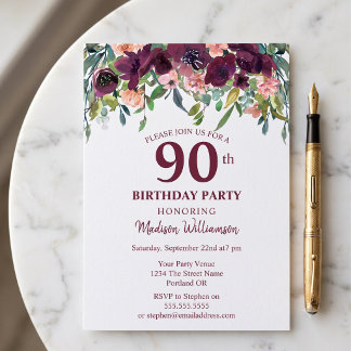 Burgundy Marsala Floral 90th Birthday Party Invitation